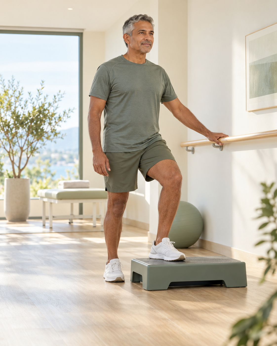 Homme réalisant un exercice de physiothérapie sur une marche basse pour soulager une arthrose fémoro-patellaire.