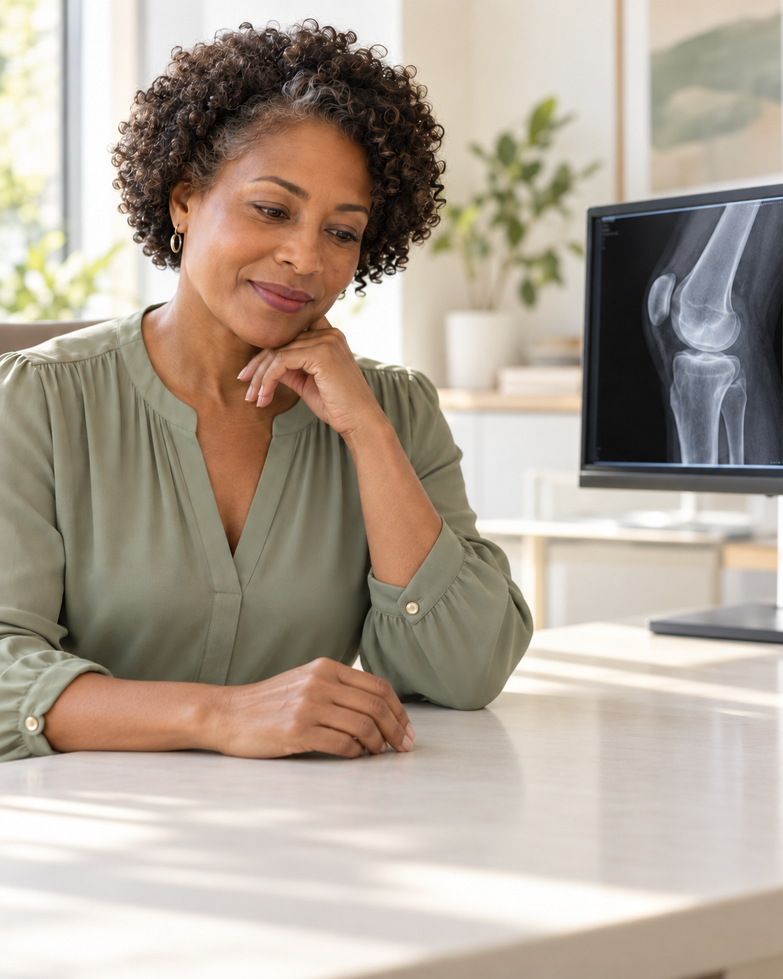 Patiente en consultation devant une radiographie du genou pour une arthrose fémoro-patellaire.
