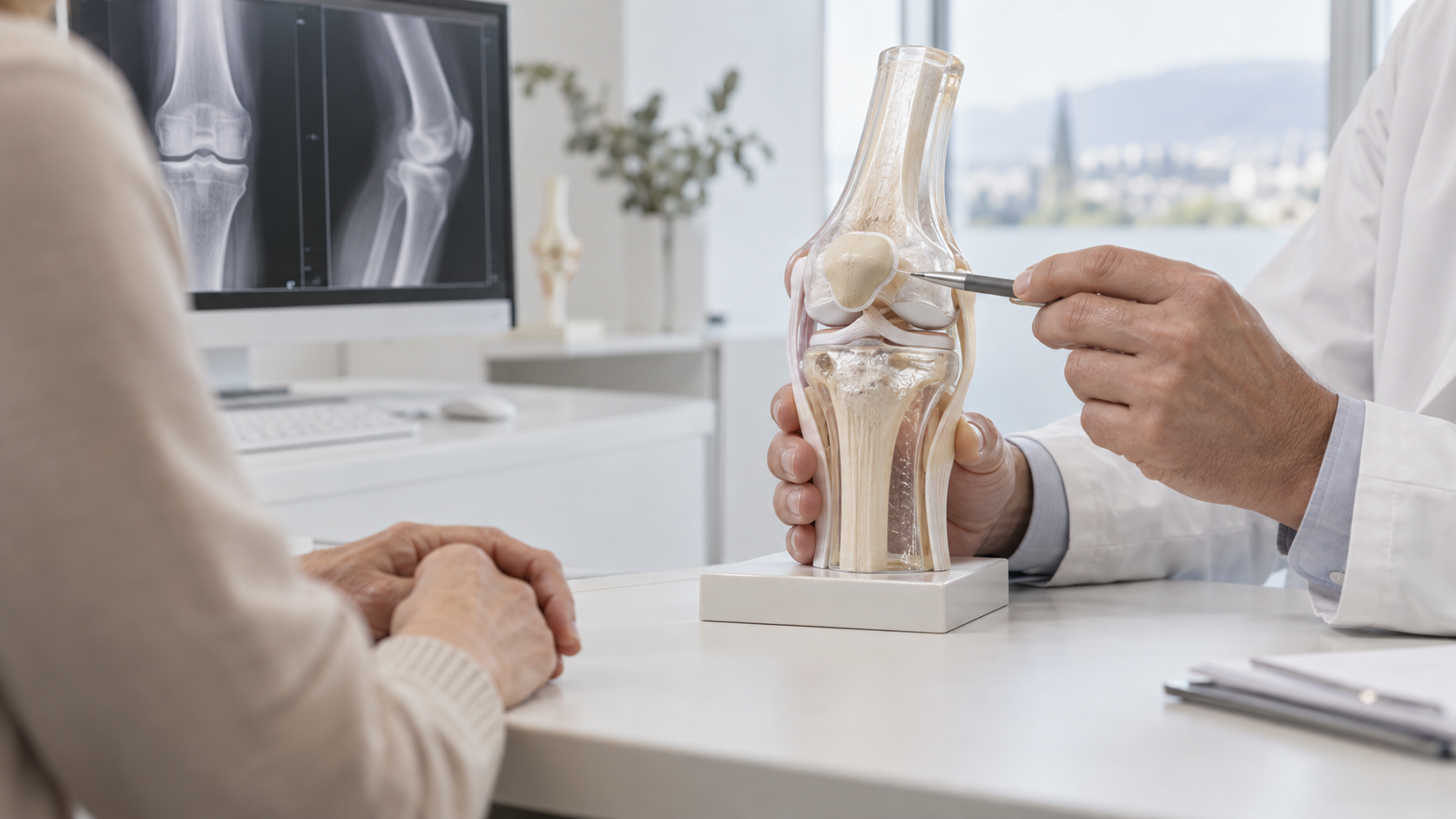 Médecin expliquant l’arthrose du genou à l’aide d’une maquette anatomique