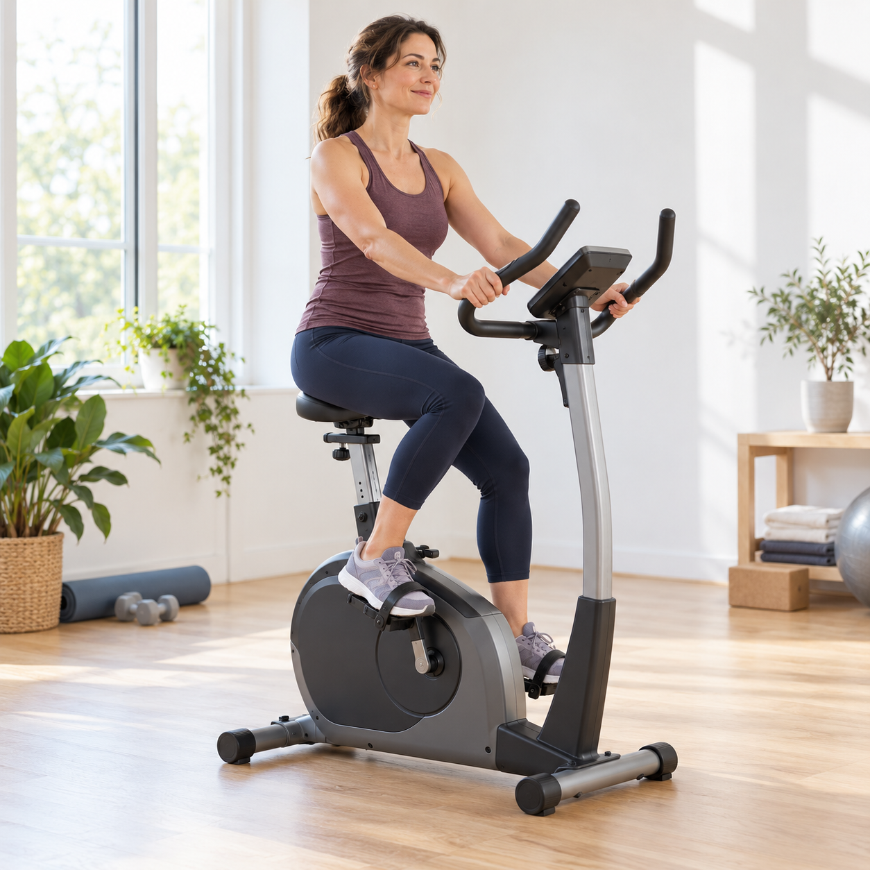 Femme sur un vélo d’appartement, illustrant une activité physique adaptée en cas de lésion focale du cartilage.