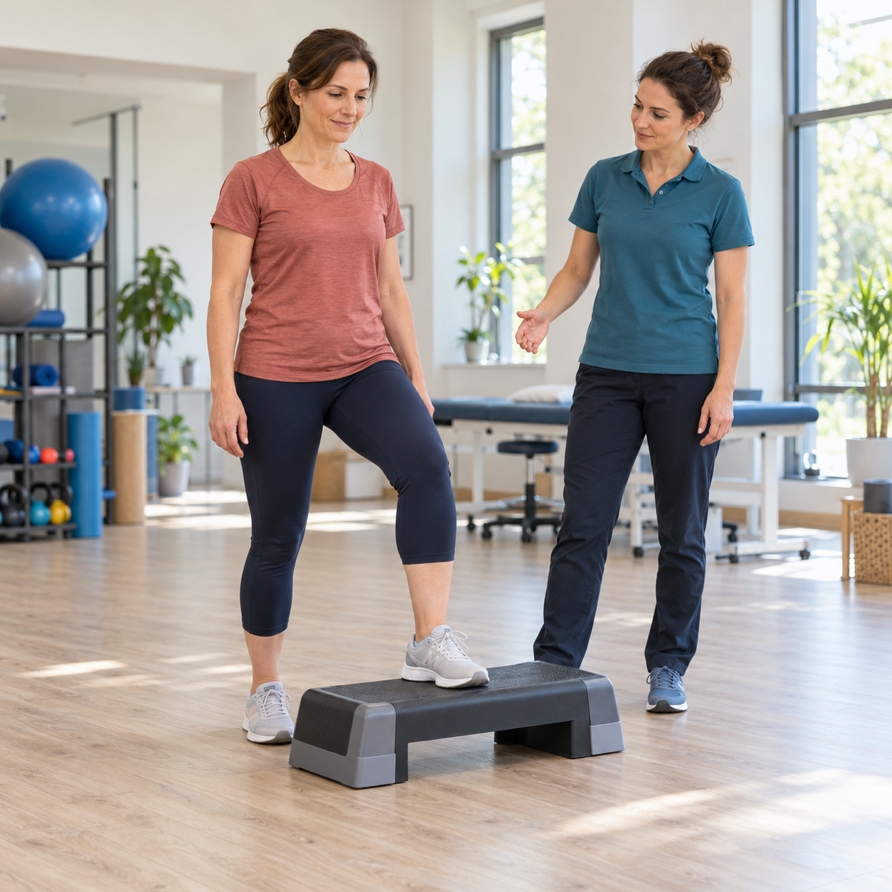 Patiente réalisant un exercice guidé par une physiothérapeute, illustrant la prise en charge sans chirurgie d’une lésion focale du cartilage.