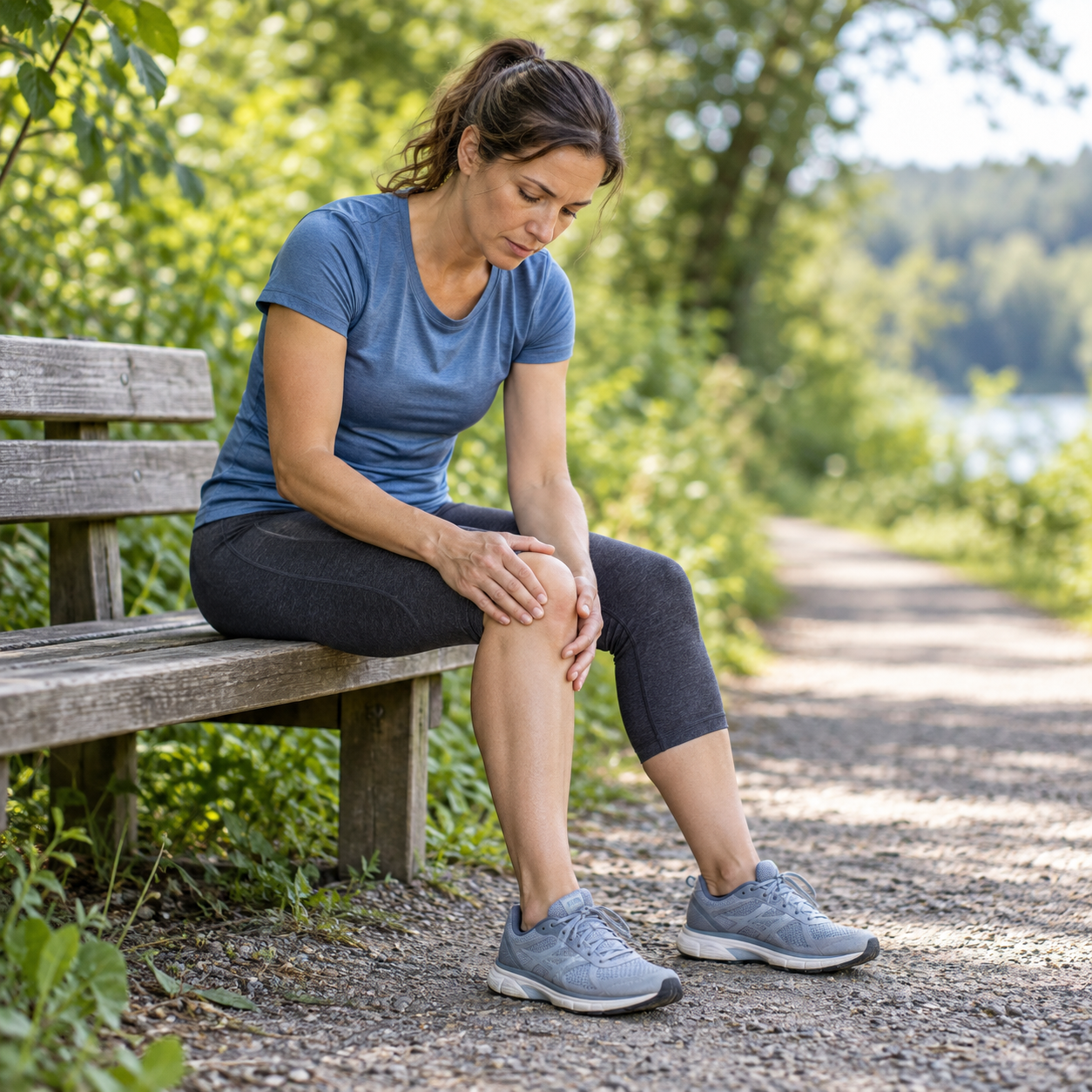 Femme assise sur un banc tenant son genou douloureux après l’effort, pour illustrer les symptômes d’une lésion focale du cartilage.