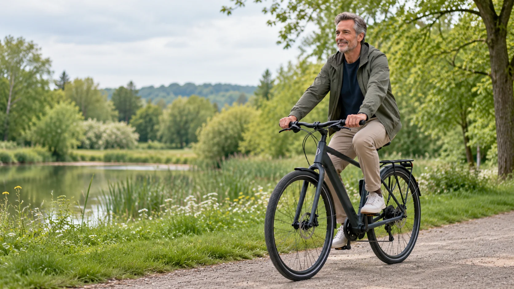 Homme à vélo sur un chemin plat, illustrant la reprise progressive des activités après une rupture du ligament croisé postérieur.