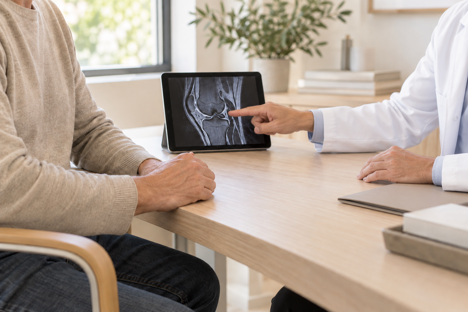 Médecin présentant au patient une lésion du ménisque visible sur une IRM du genou