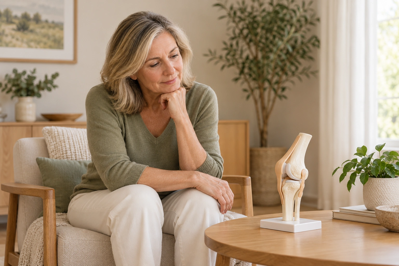 Patiente réfléchissant aux options de traitement de l’arthrose du genou avec un modèle anatomique.
