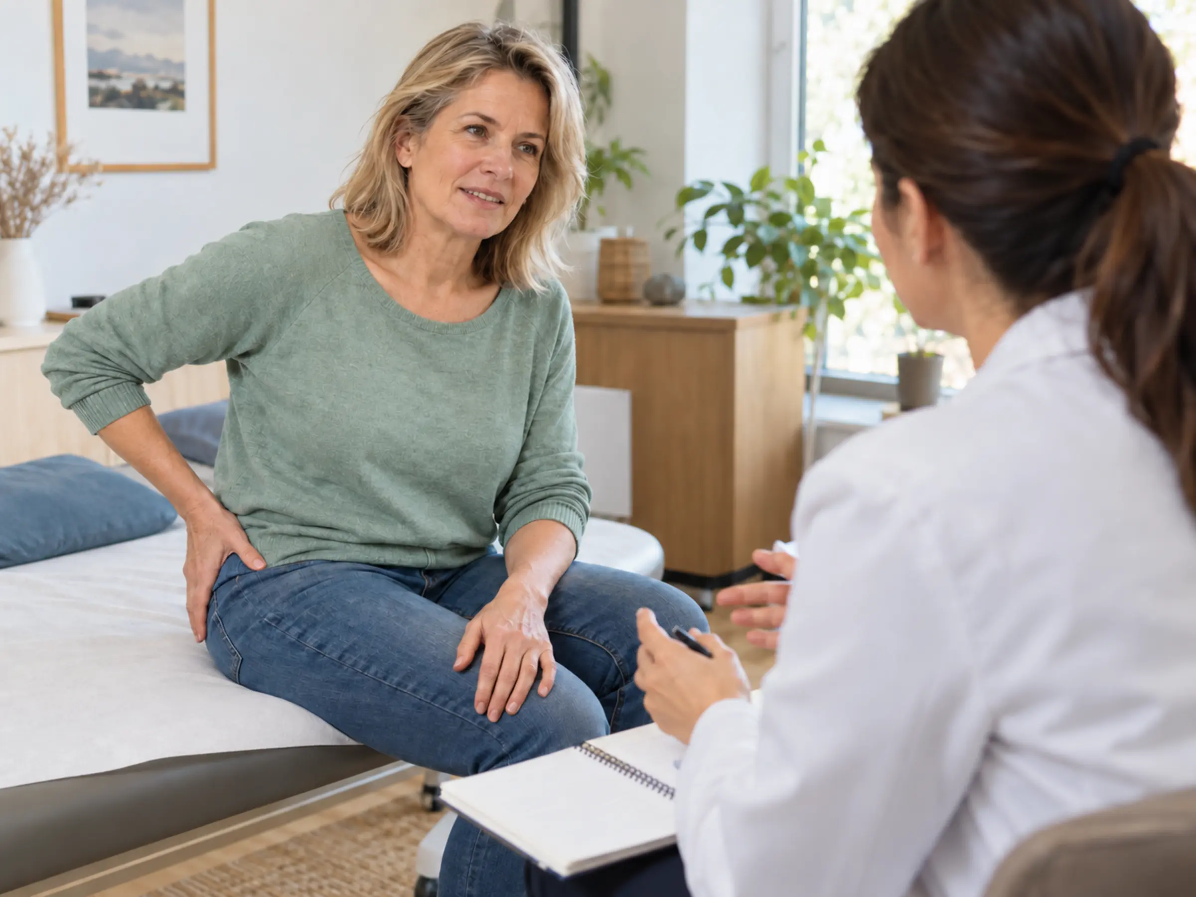 Prise en charge personnalisée d’une bursite trochantérienne lors d’une consultation.