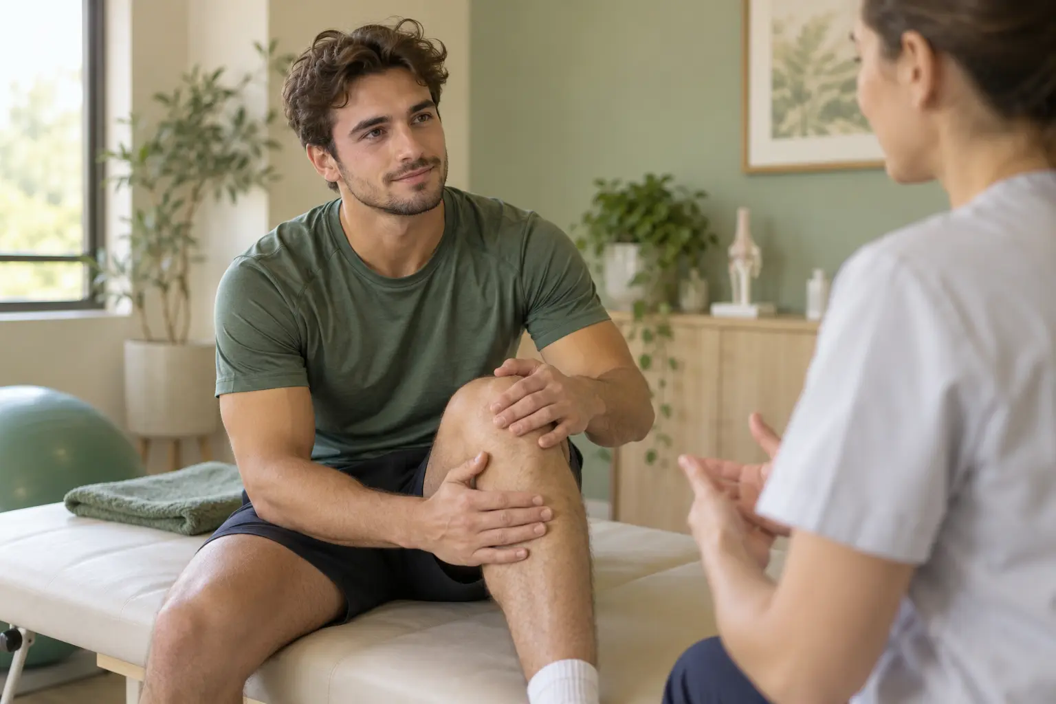 Patient sportif échangeant avec un professionnel au sujet de la chirurgie des ligaments collatéraux