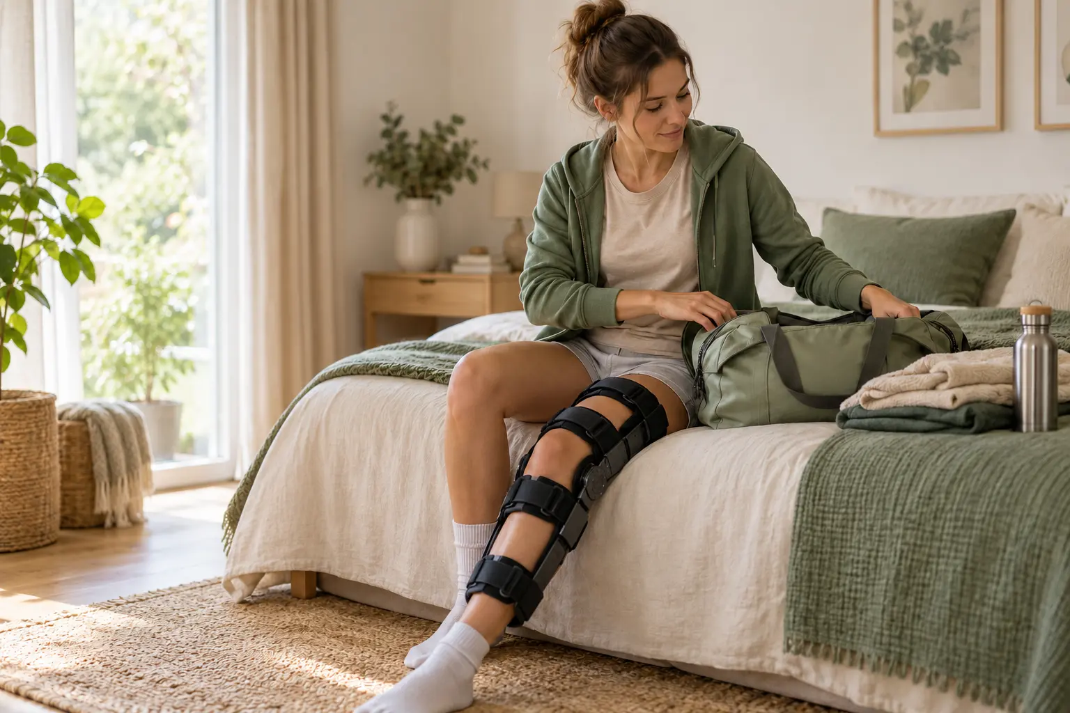 Patiente portant une attelle au genou et préparant son retour à domicile après une chirurgie des ligaments collatéraux.