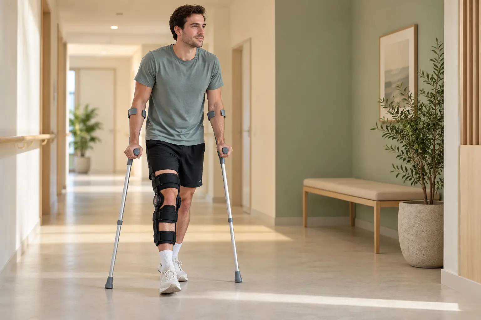 Patient marchant avec une attelle après une chirurgie des ligaments collatéraux