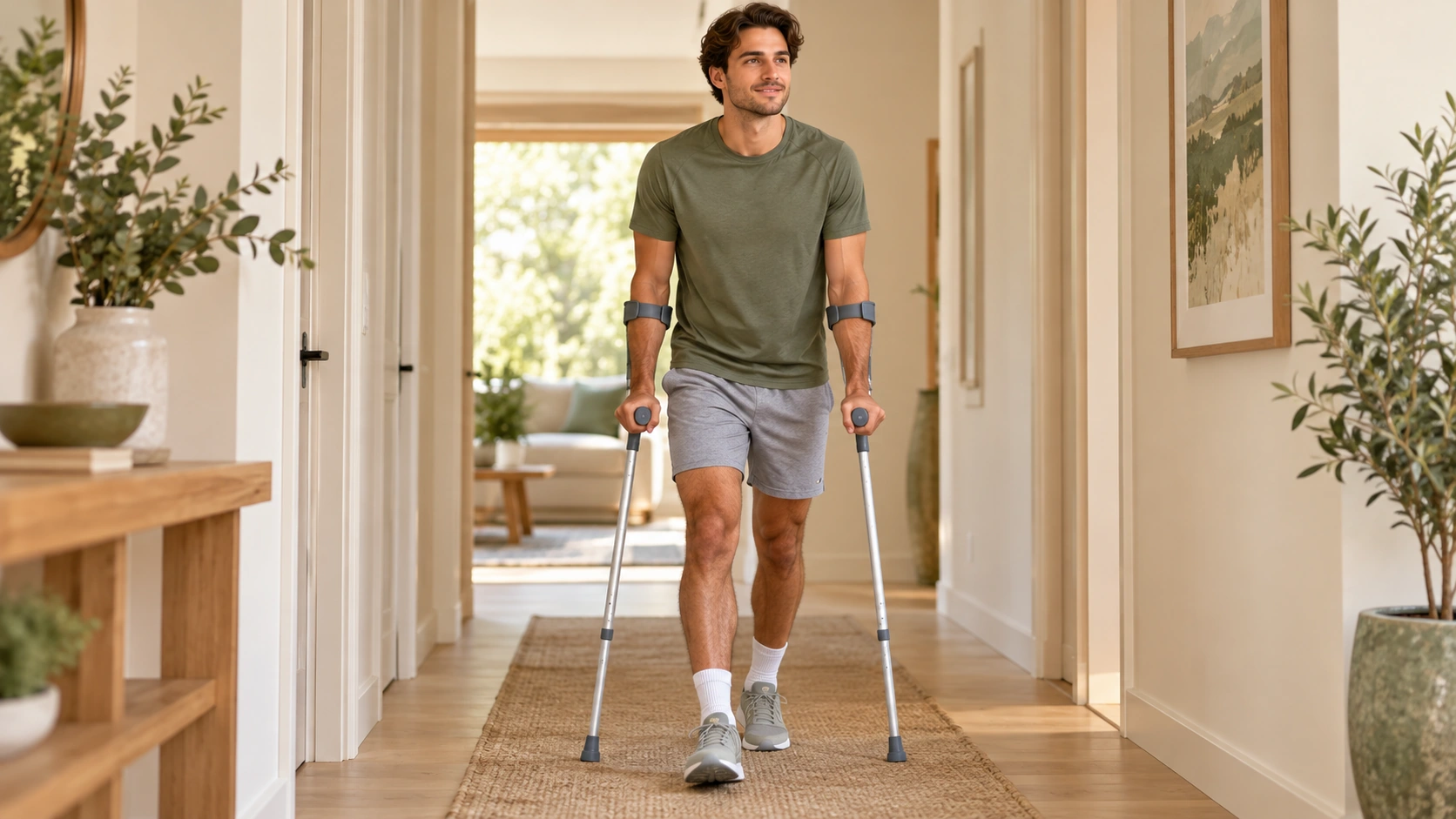 Jeune sportif reprenant la marche avec des béquilles après une chirurgie du ligament croisé antérieur.