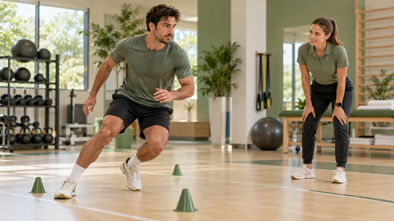 Jeune sportif effectuant un exercice contrôlé de reprise du sport après une chirurgie du ligament croisé antérieur.