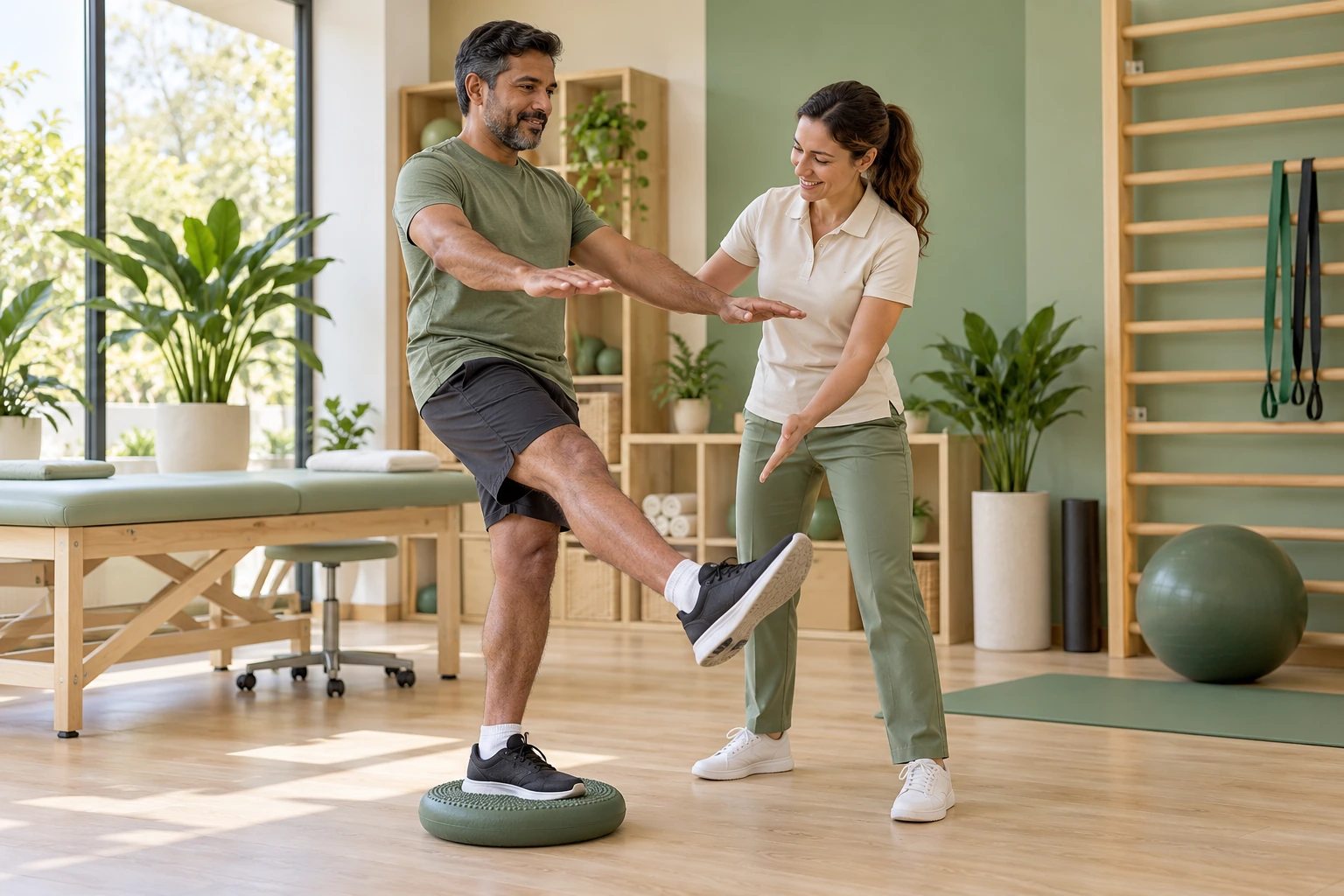 Exercice d’équilibre accompagné en physiothérapie après une chirurgie du ligament croisé antérieur