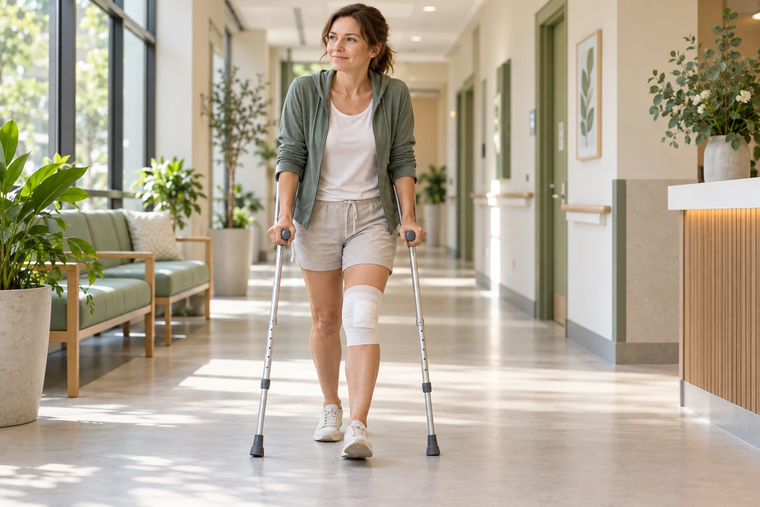 Jeune sportive réapprenant à marcher avec des béquilles après une chirurgie du ligament croisé postérieur