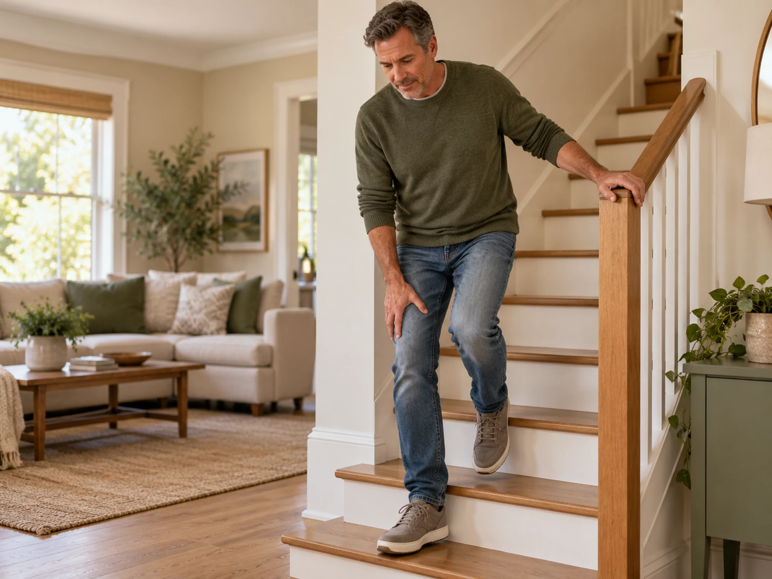 Patient montrant une gêne au genou en descendant un escalier