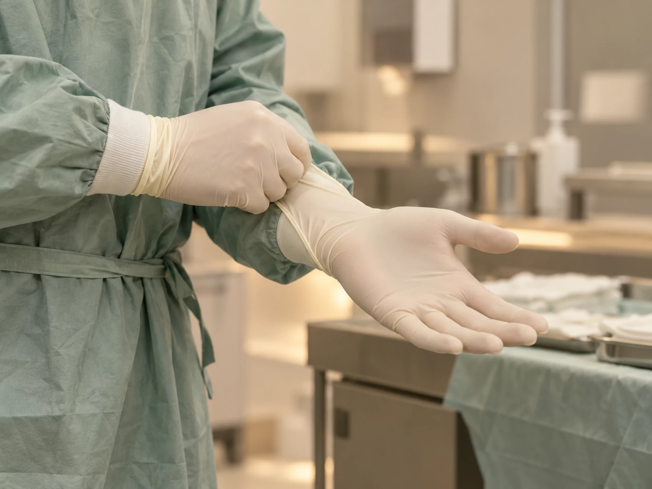 Enfilage de gants stériles avant une chirurgie mini invasive.