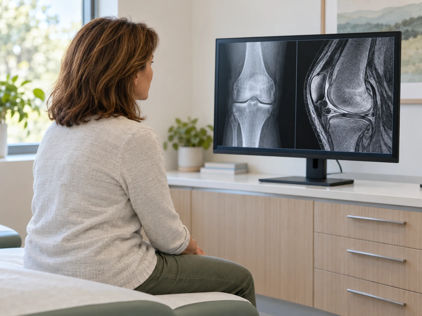 Patiente consultant des images de son genou pour le diagnostic d’une chondropathie rotulienne.