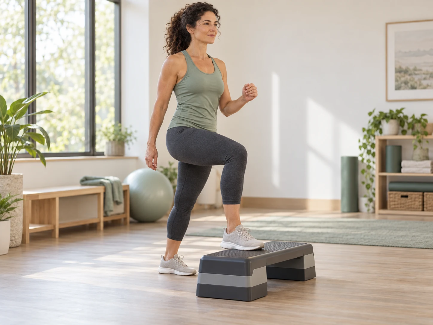 Femme réalisant un exercice de renforcement sur une marche basse dans le cadre d’une prise en charge de la chondropathie rotulienne.