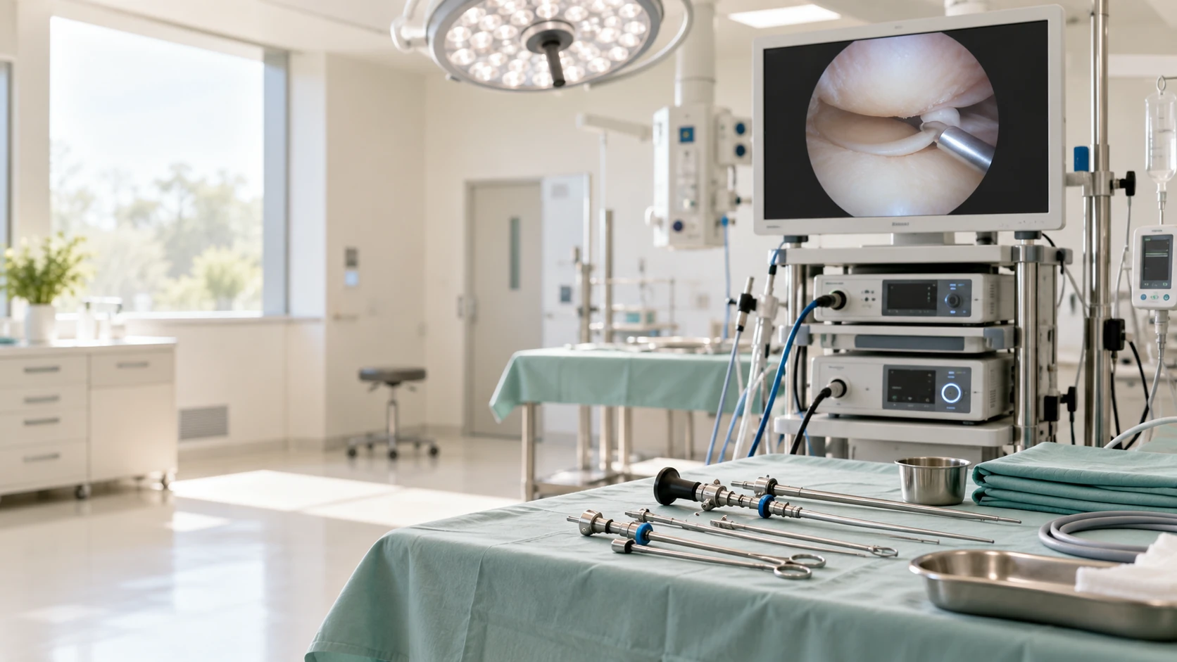 Déchirure méniscale : équipement d’arthroscopie dans une salle opératoire vide.