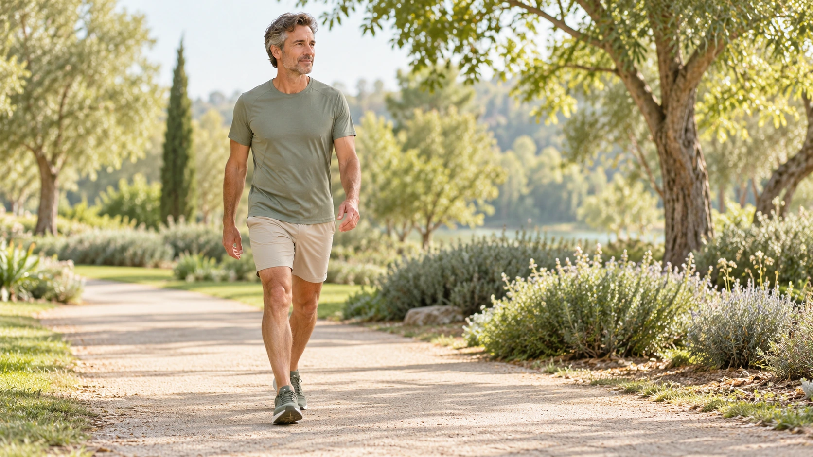 Homme reprenant progressivement la marche après une élongation musculaire.