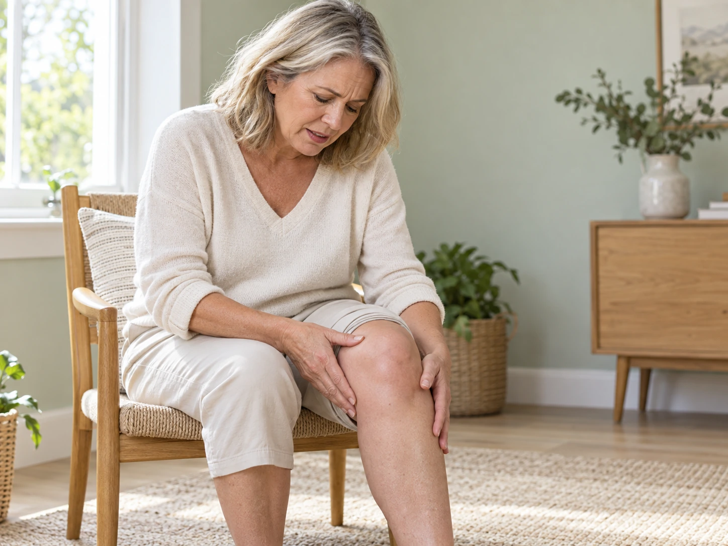 Épanchement du genou : patiente attentive à son genou gonflé