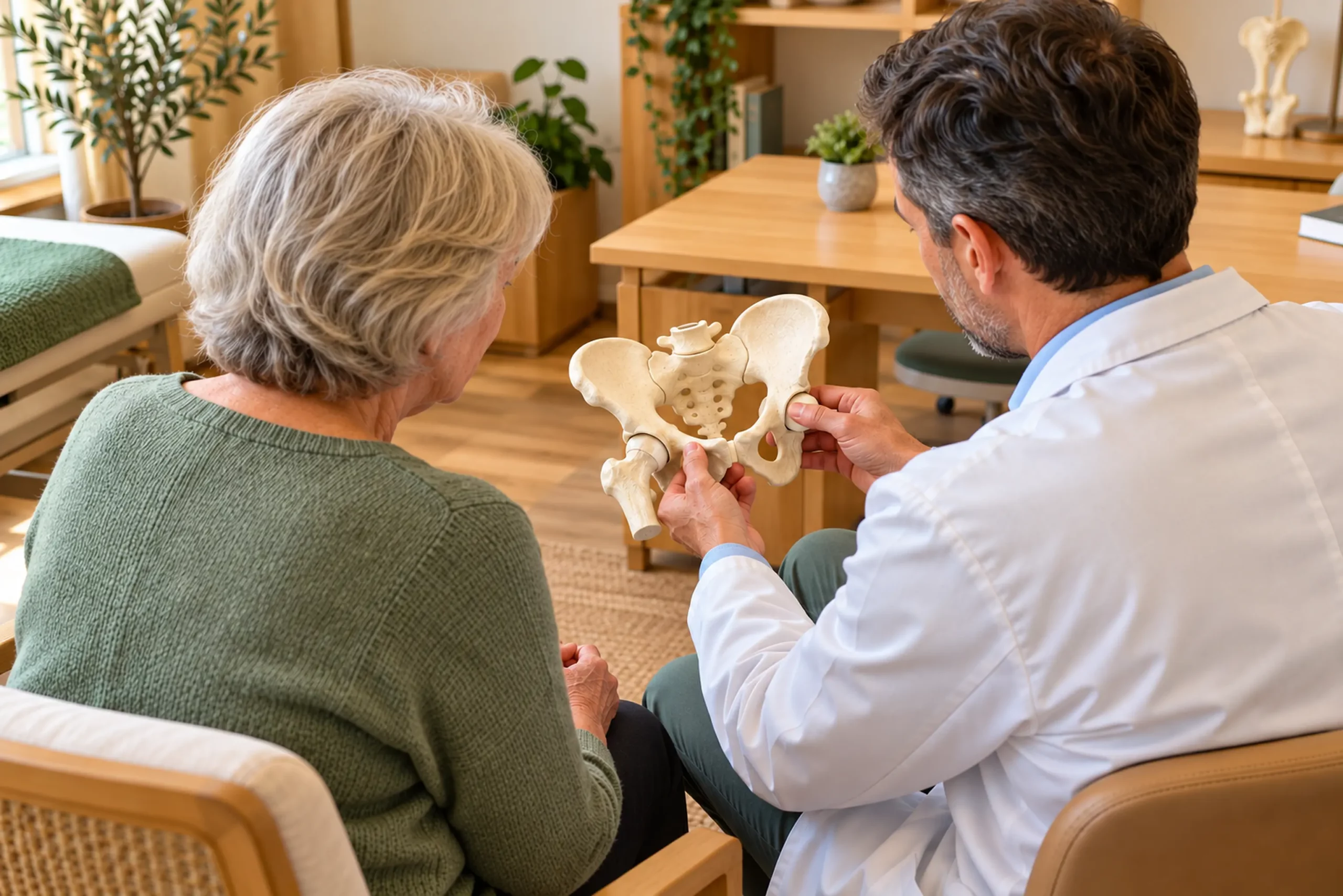 Explication personnalisée autour d’un modèle anatomique du bassin après une fracture de l’acétabulum.