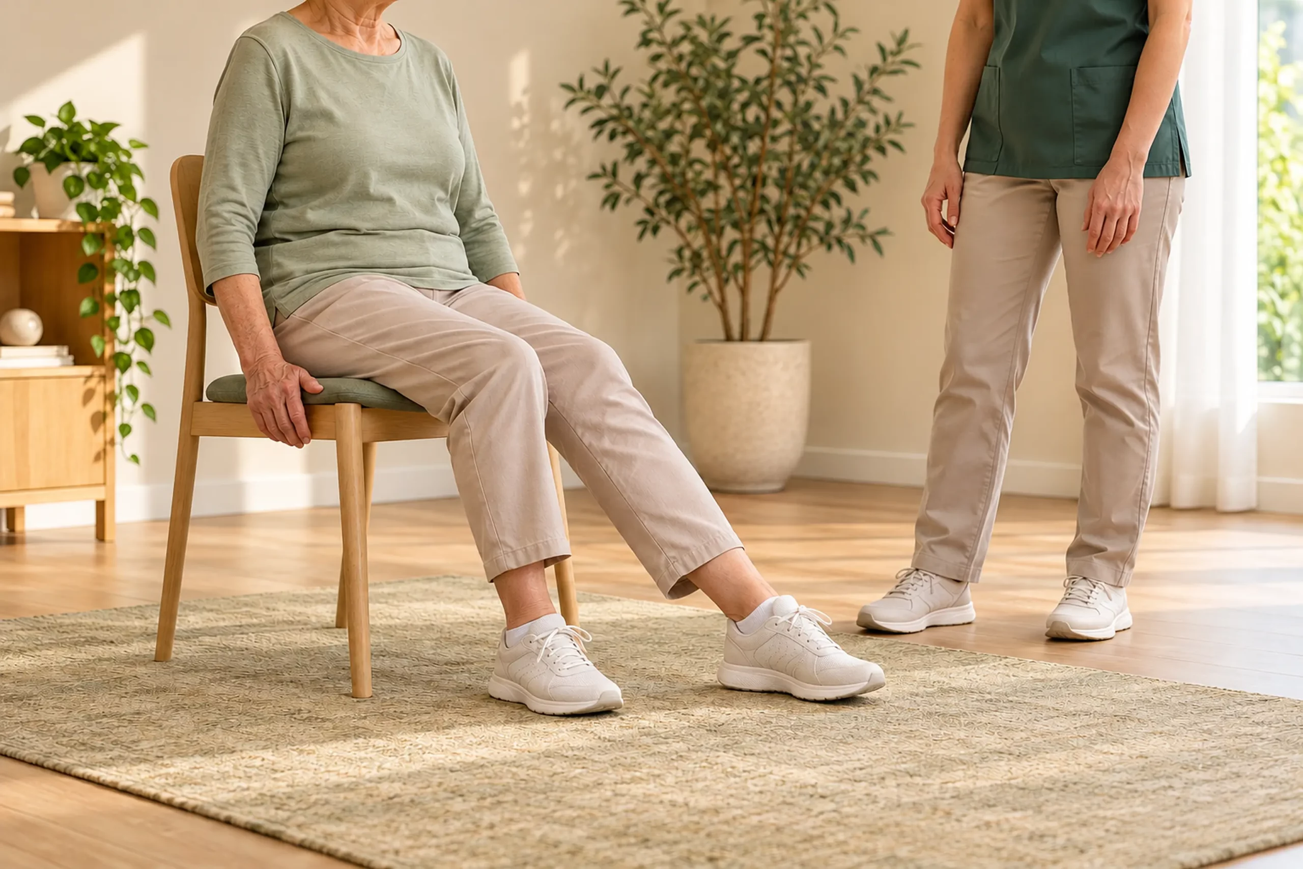 Exercice progressif de mobilité de la hanche accompagné par un physiothérapeute après une fracture de l’acétabulum.