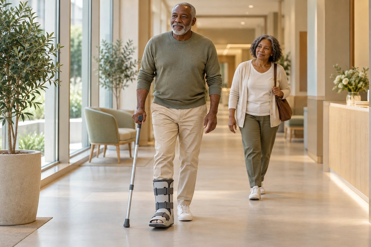 Patient marchant sur un sol plat avec une botte après une fracture de la malléole latérale.