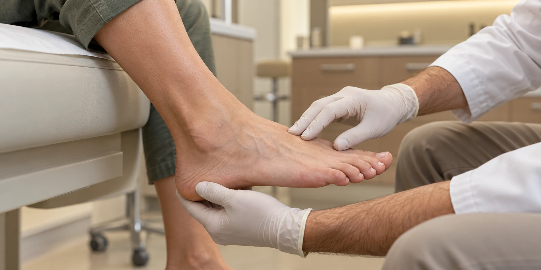 Examen clinique du médio-pied avant une chirurgie de fracture de Lisfranc.