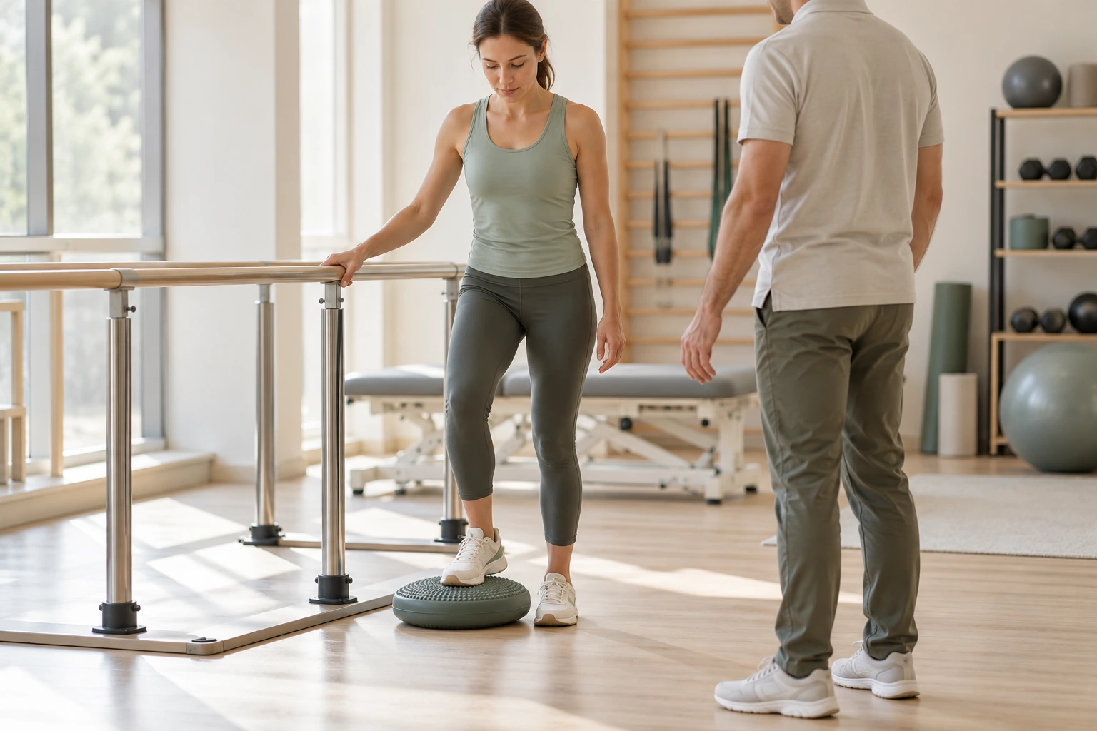 Patiente travaillant son équilibre avec un kinésithérapeute après une chirurgie de fracture de Lisfranc.