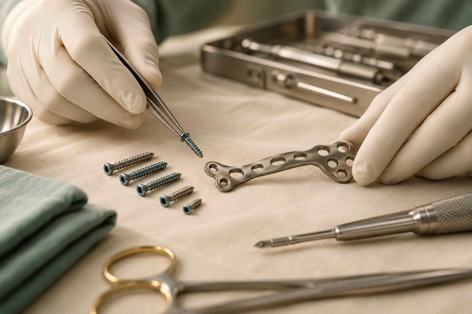 Matériel de fixation préparé pour une chirurgie de fracture de Lisfranc.