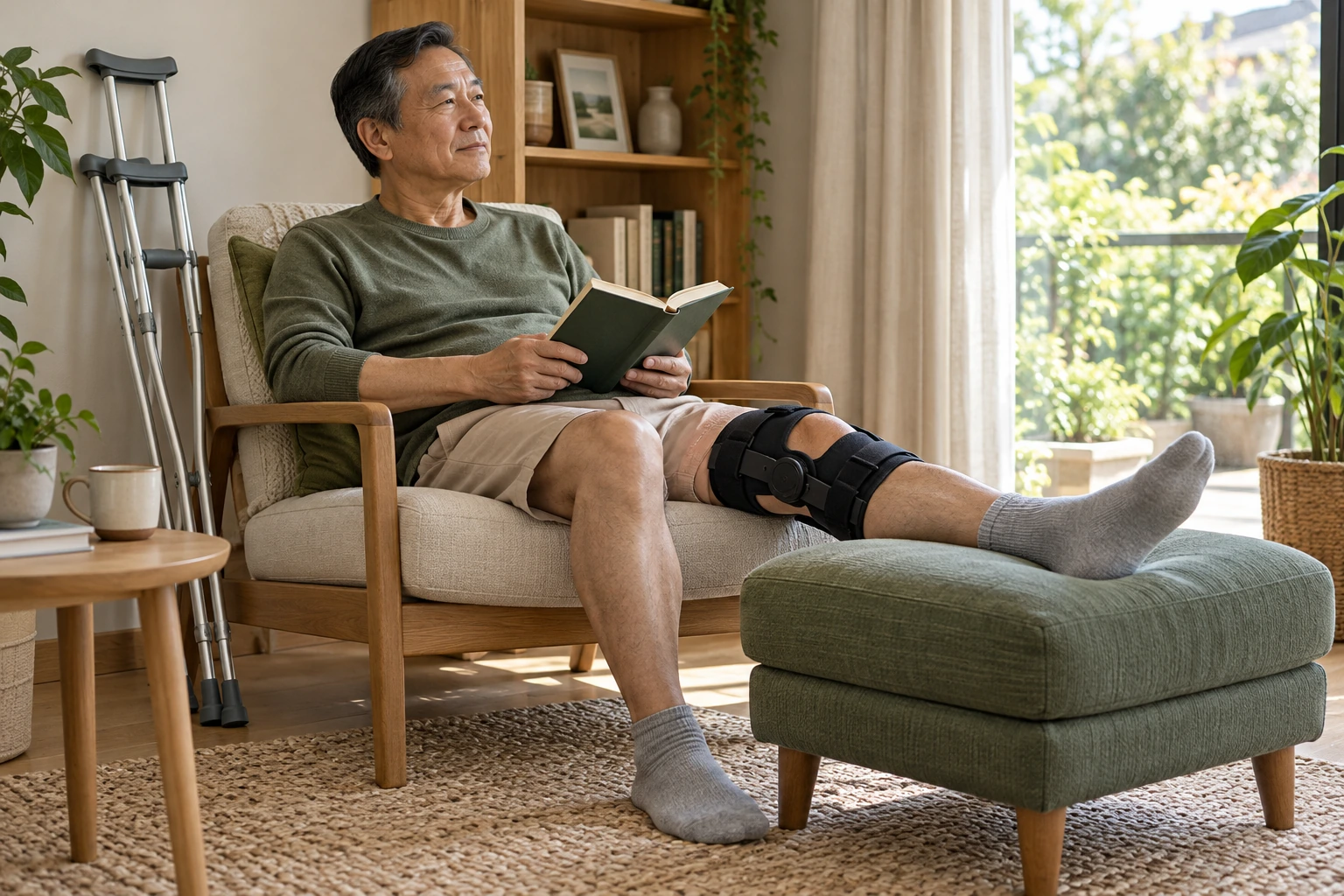 Fracture du plateau tibial : repos avec attelle, jambe surélevée et béquilles à domicile