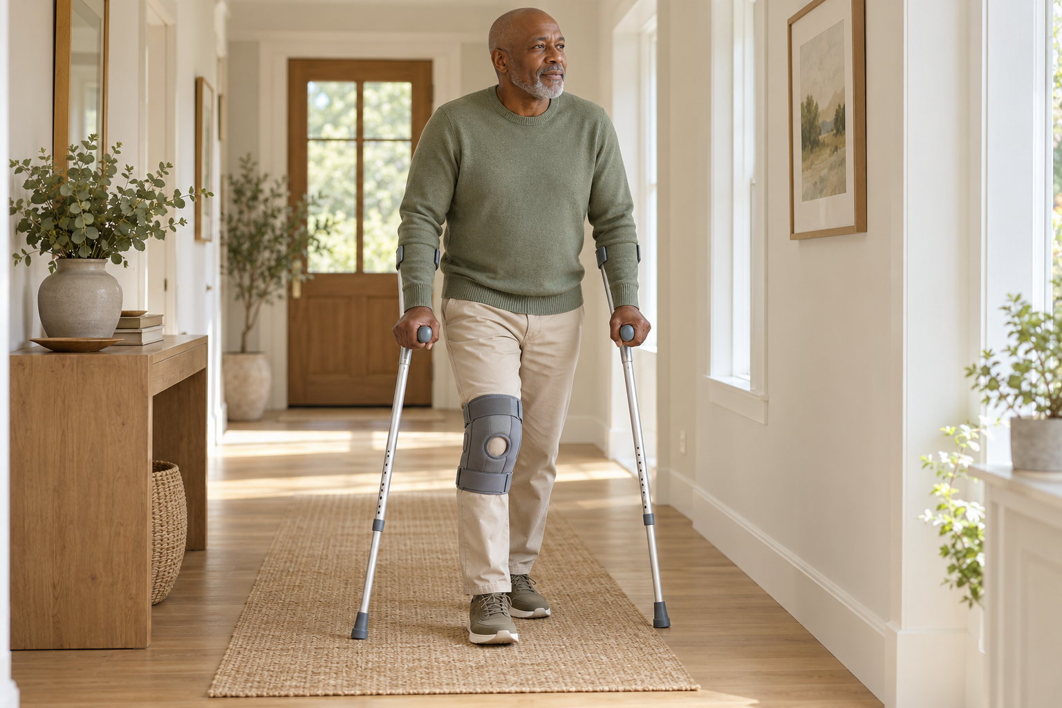 Patient se déplaçant avec des béquilles après une fracture periprothetique du genou