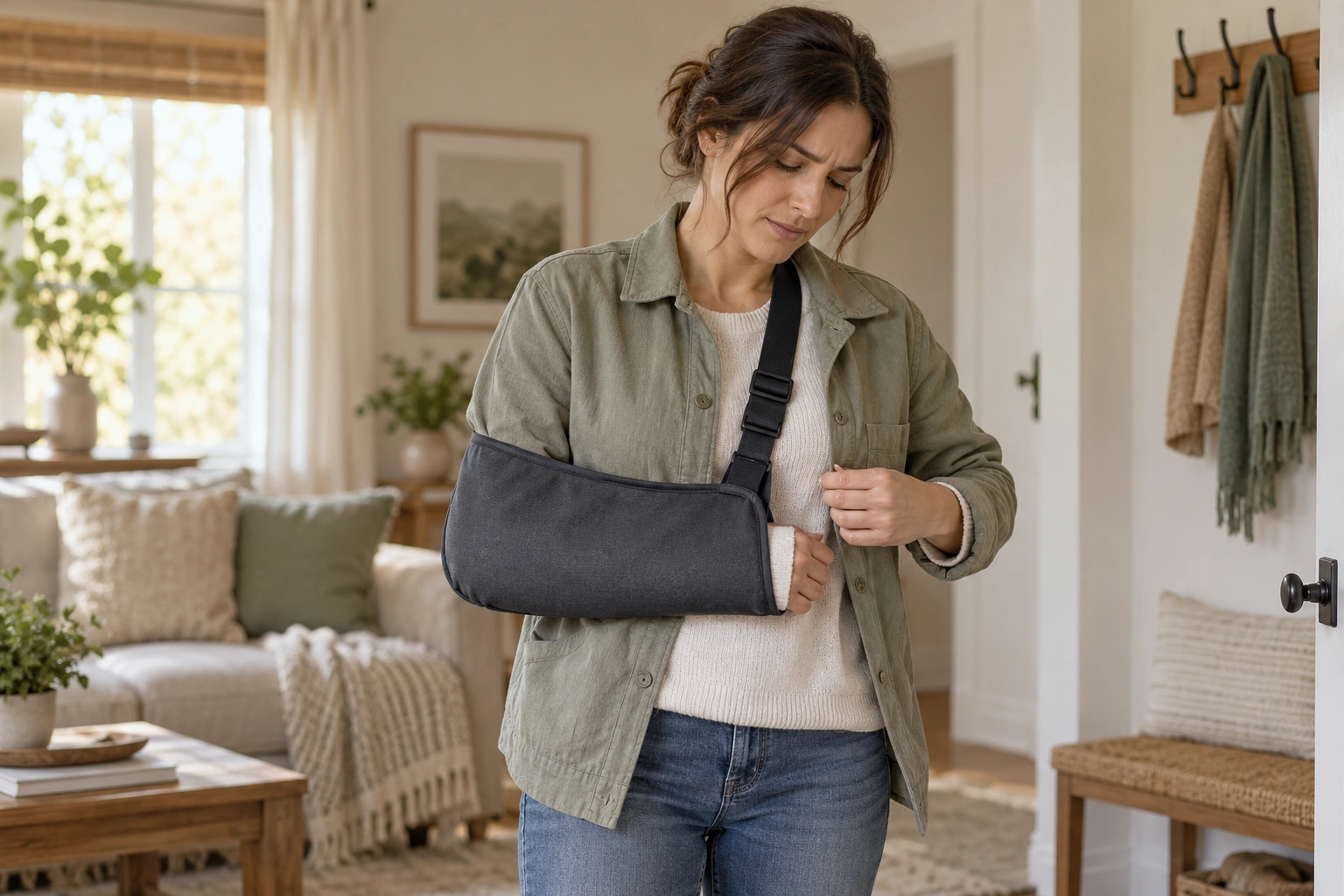 Patiente portant une écharpe pour soutenir son bras après une fracture du radius et du cubitus