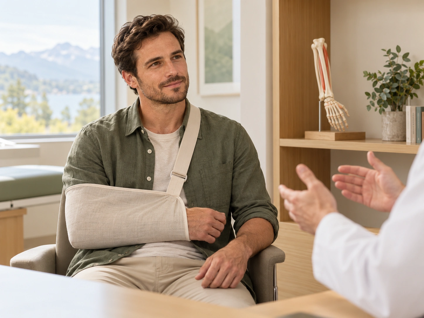 Patient portant une écharpe pendant une consultation personnalisée pour une fracture du radius et du cubitus