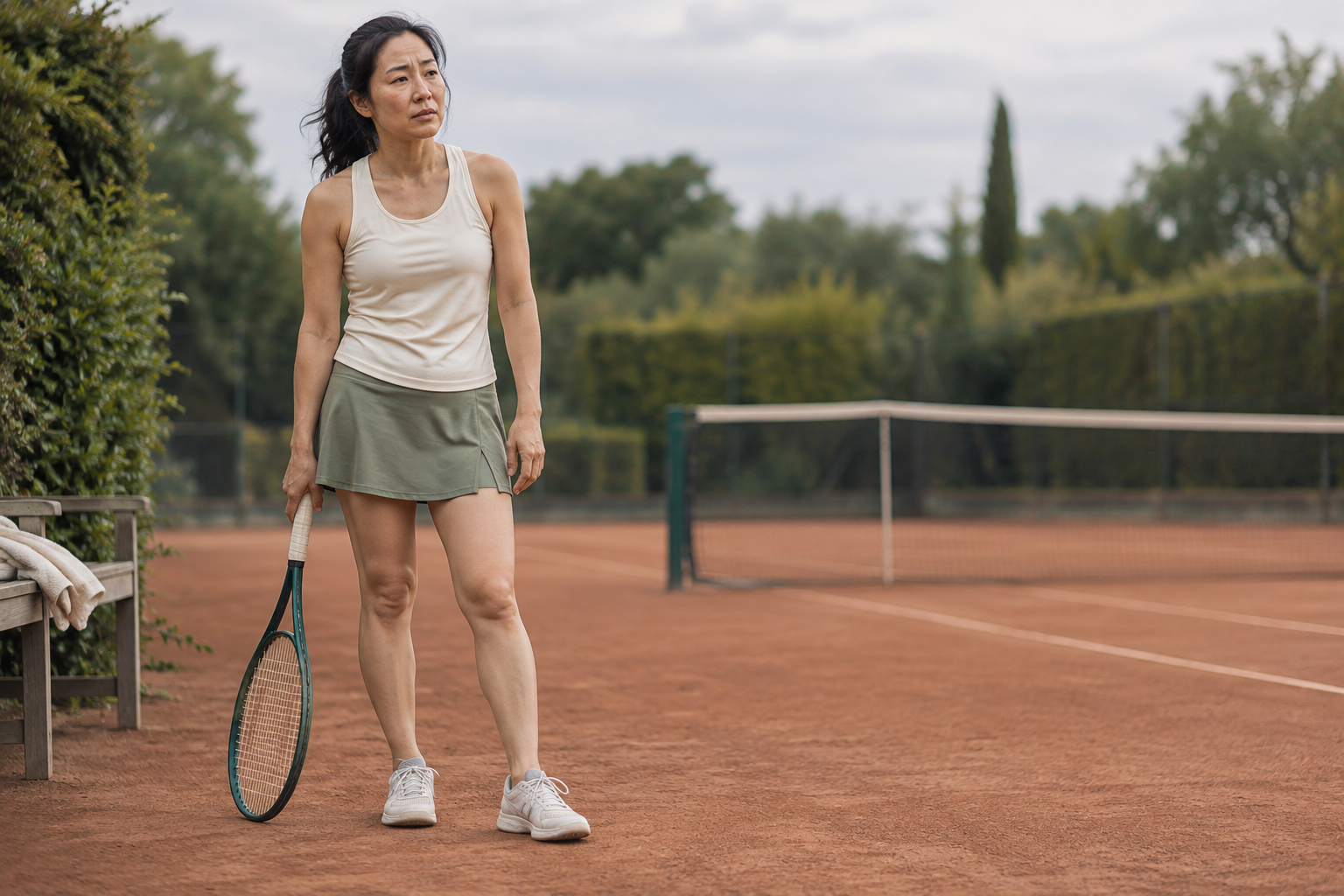 Joueuse de tennis interrompant son activité en raison d’une gêne au genou pouvant motiver l’évaluation d’une greffe ostéochondrale.