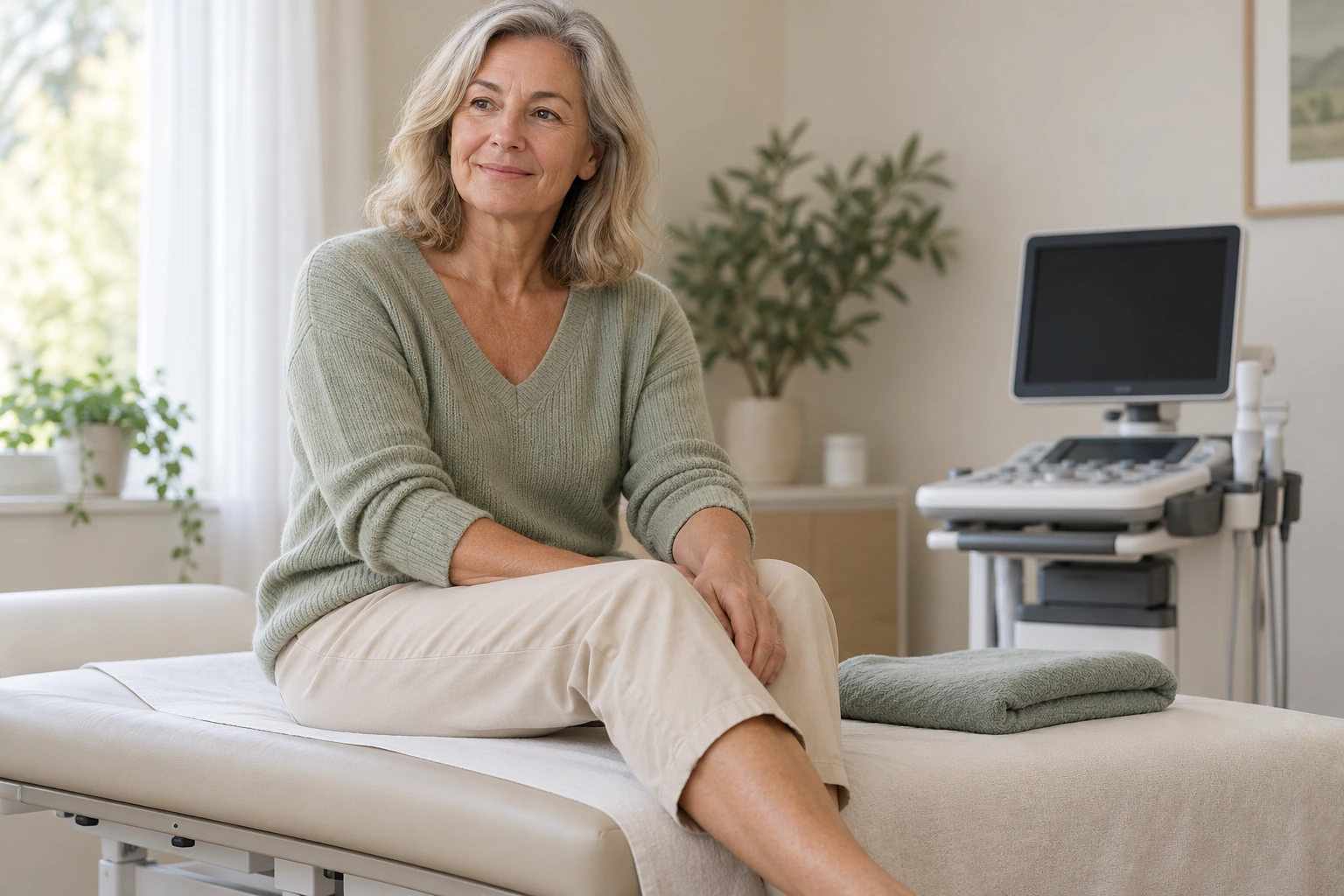 Patiente installée dans un espace de soins pour discuter d’infiltrations de corticoïdes