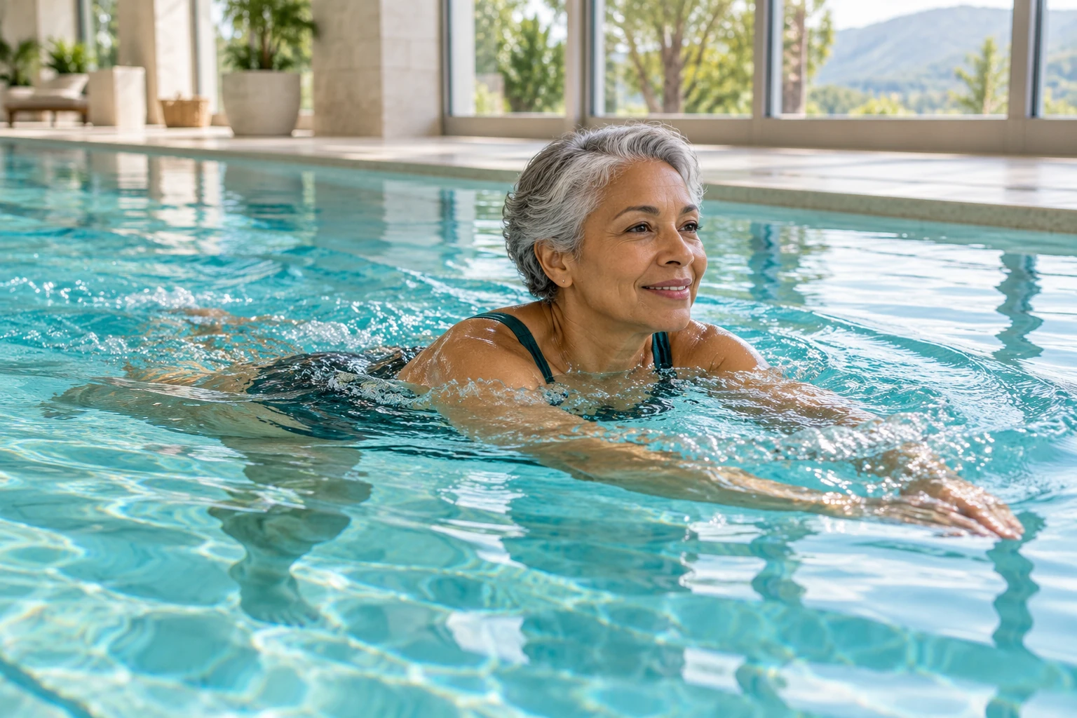 Lésion méniscale dégénérative — femme reprenant une activité douce en piscine.