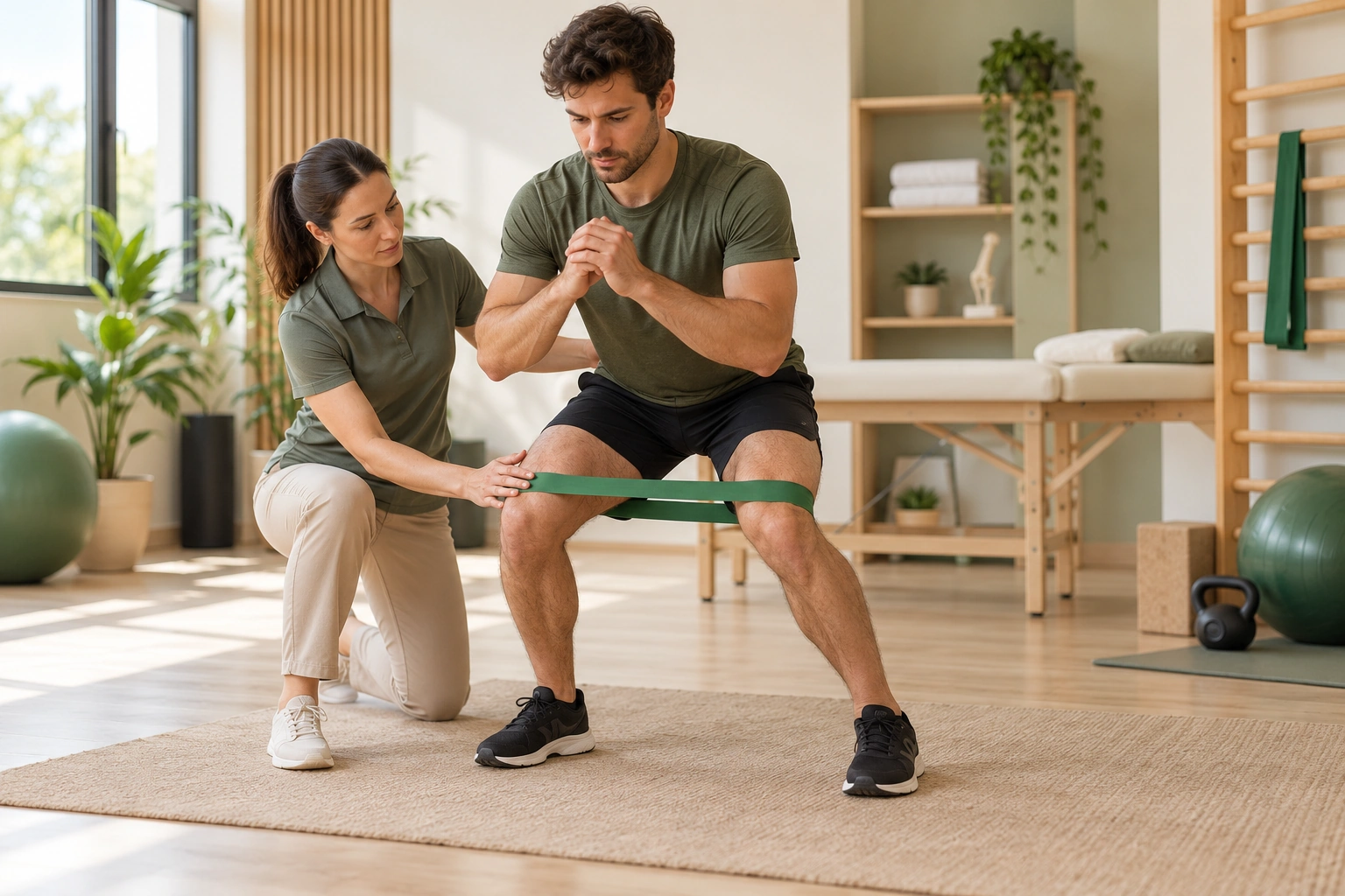 Lésions et ruptures tendineuses : exercice de renforcement des jambes accompagné en physiothérapie