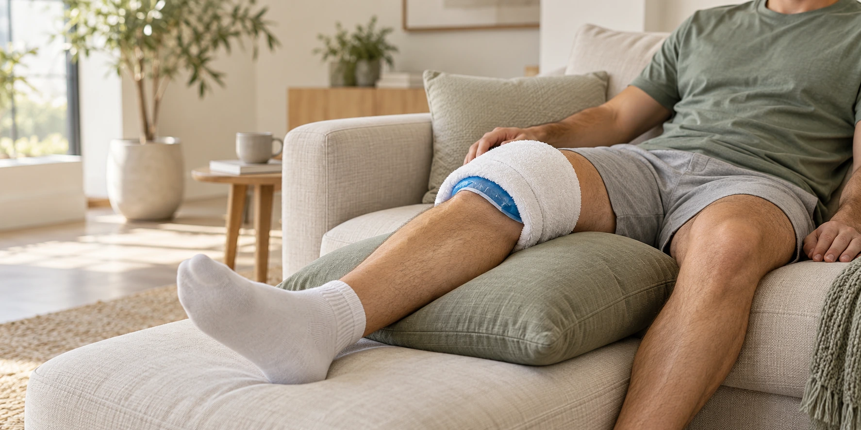 Luxation de la rotule : genou protégé par une poche froide enveloppée pendant le repos.