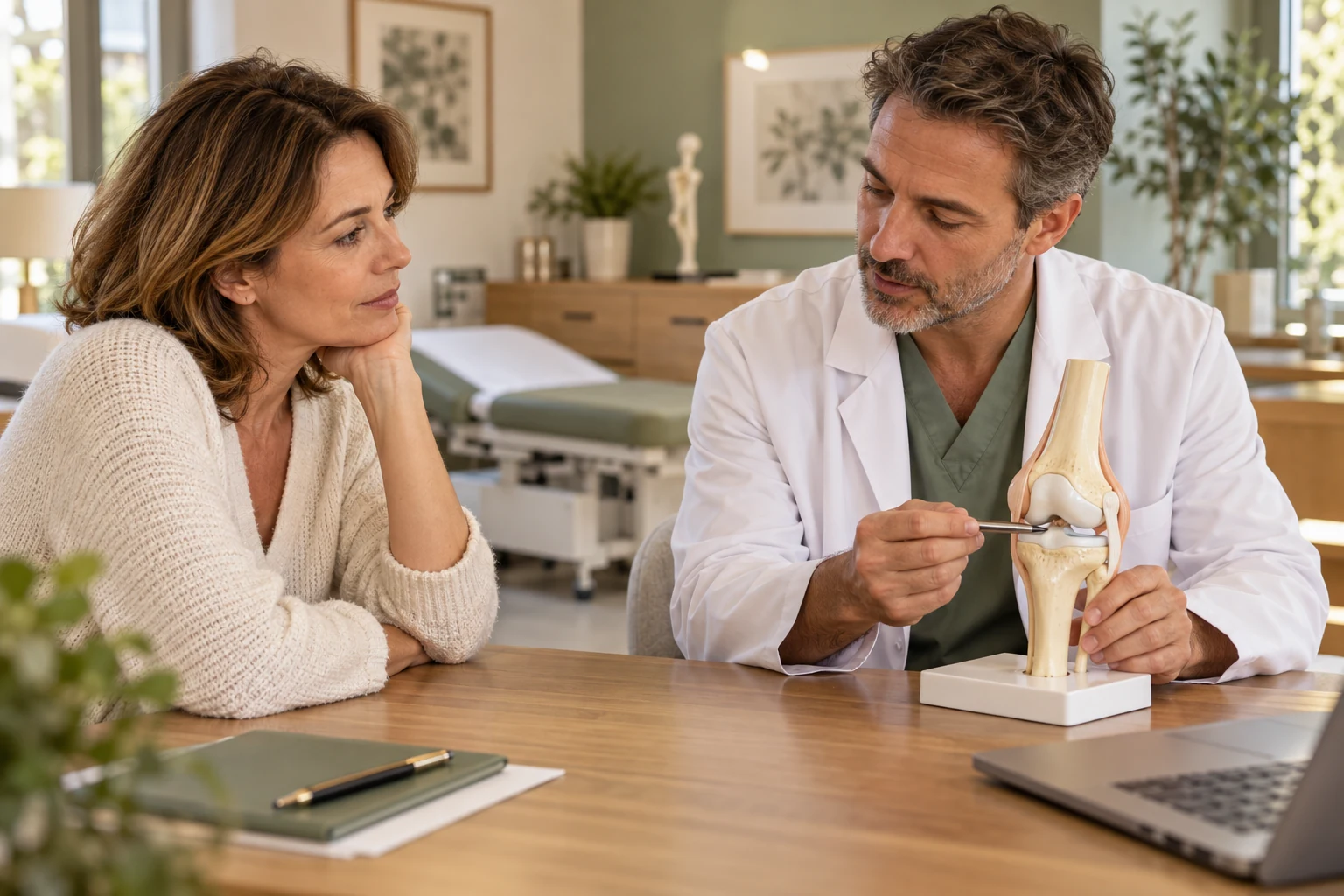 Patient et chirurgien discutant d’une intervention de micro fracture à l’aide d’un modèle de genou.
