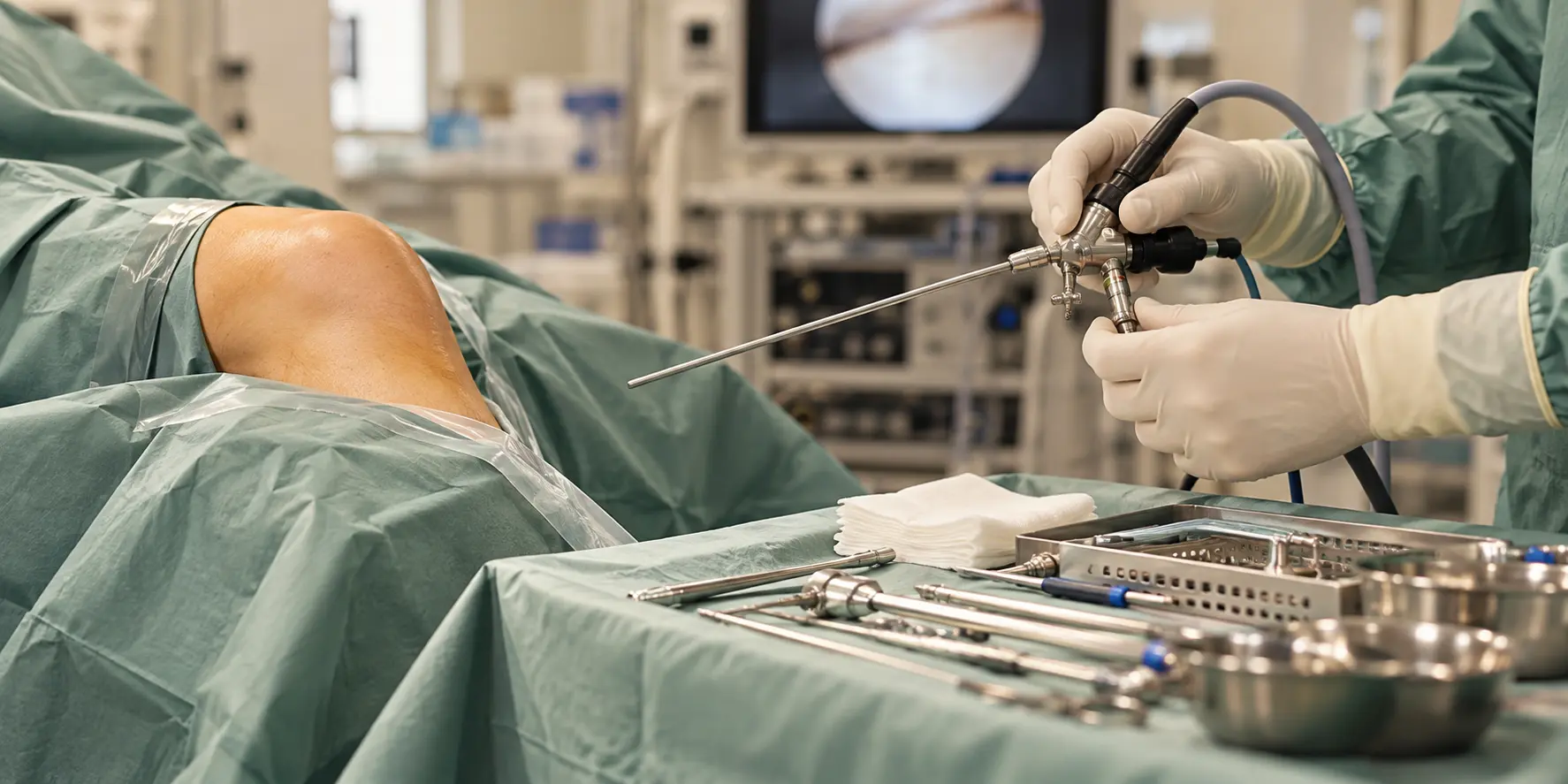 Préparation du matériel d’arthroscopie avant une intervention de micro fracture du genou.