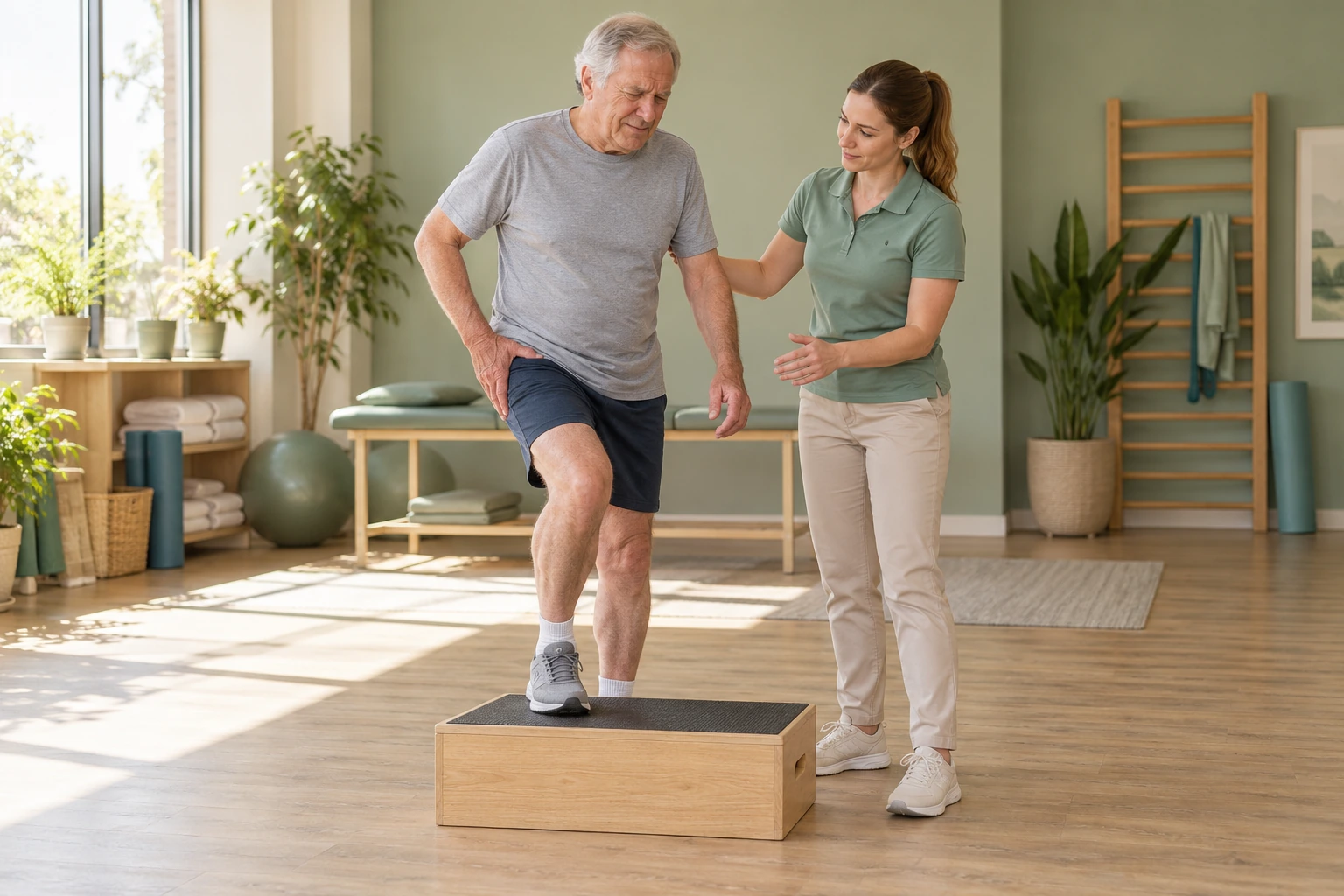 Homme âgé réalisant un exercice de rééducation avec une physiothérapeute