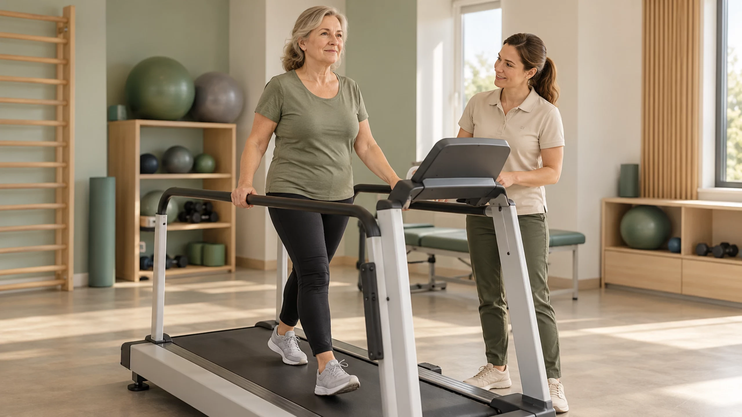 Patiente accompagnée par une physiothérapeute lors d’un exercice de marche sur tapis de rééducation.
