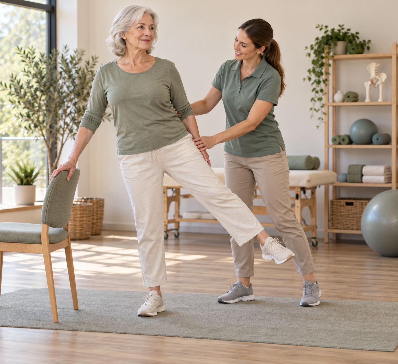Prothèse de hanche : exercice d’équilibre accompagné par une physiothérapeute