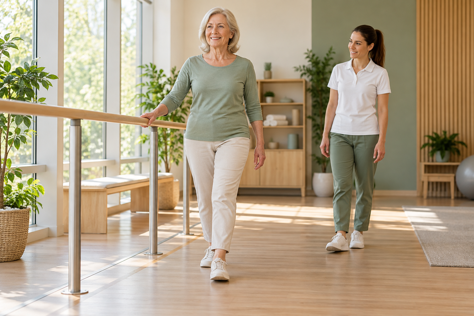 Prothèse partielle du genou — patiente accompagnée pendant un exercice de marche en physiothérapie