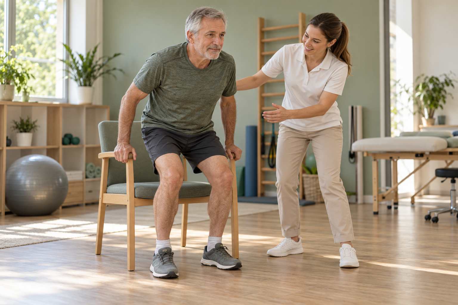 Prothèse partielle du genou — patient accompagné par une physiothérapeute lors d’un exercice de rééducation