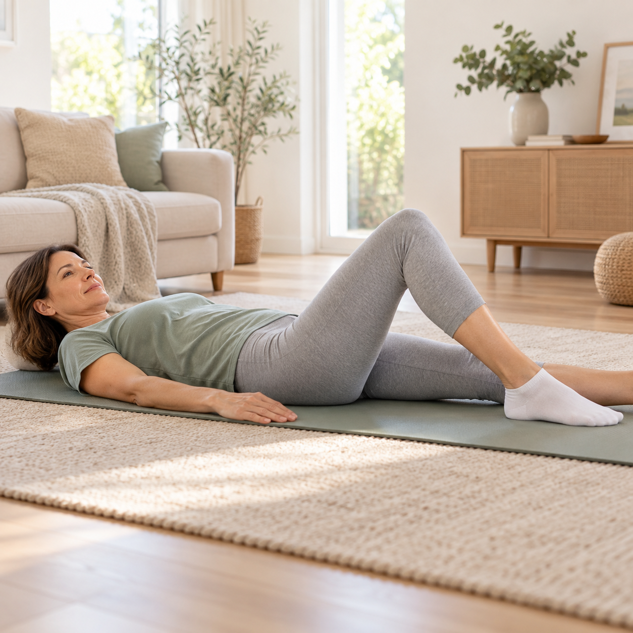 Femme réalisant un exercice doux de mobilisation du genou à domicile après une entorse du ligament collatéral médial.