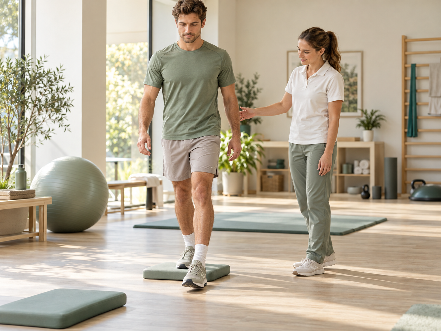 Patient réalisant un exercice de marche contrôlée avec une physiothérapeute après une réparation du ménisque.