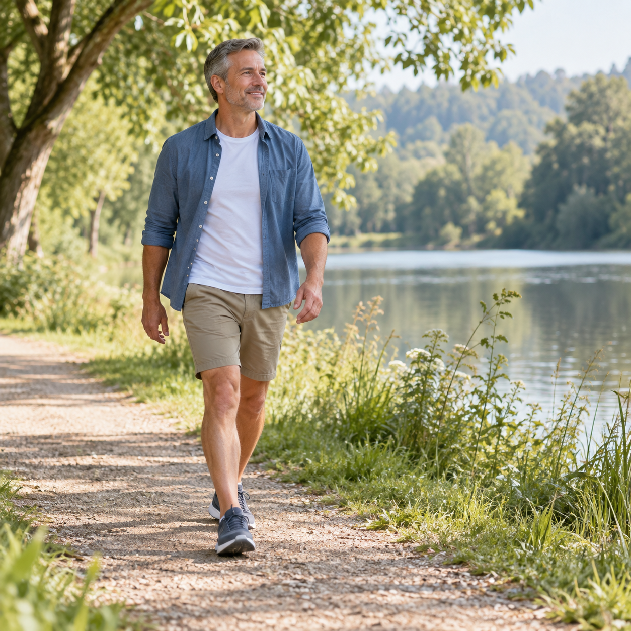 Homme reprenant progressivement la marche au bord d’un lac après une entorse du ligament collatéral médial.