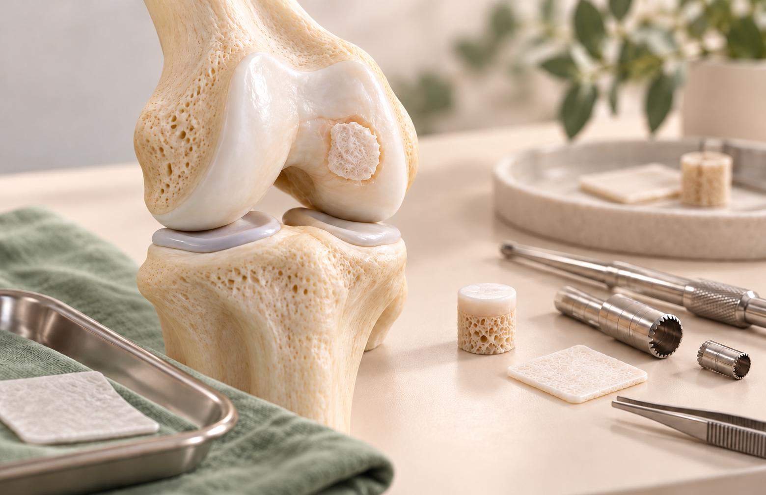 Modèle de genou illustrant une matrice et un greffon pour la restauration du cartilage